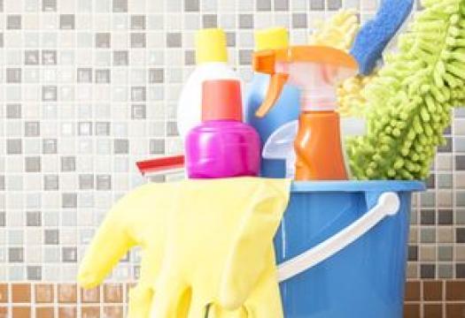 A blue bucket containing cleaning supplies on a counter